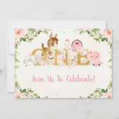 Pink Floral Landtiere Erstgeburtstag Einladung (Rückseite)