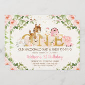 Pink Floral Landtiere Erstgeburtstag Einladung (Vorne/Hinten)