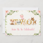 Pink Floral Landtiere zweite Geburtstag Einladung (Rückseite)