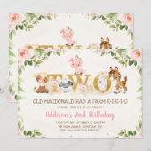 Pink Floral Landtiere zweite Geburtstag Einladung (Vorne/Hinten)