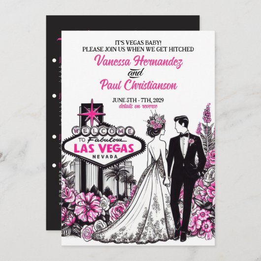 Pink Floral Las Vegas Wedding Einladung (Vorne/Hinten)