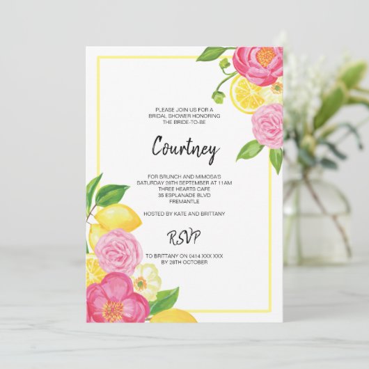 Pink Floral Lemon Brautparty Party Einladung (Stehend Vorderseite)