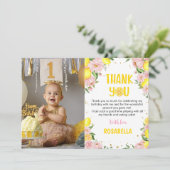 Pink Floral Lemon Geburtstag Foto Danke Karte (Stehend Vorderseite)