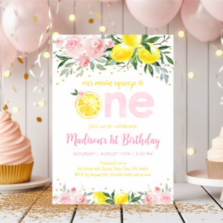 Pink Floral Lemon Main Squeeze Erster Geburtstag Einladung
