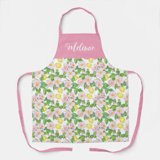 Pink Floral Lemon Pattern Personalised Name Schürze (Vorderseite)
