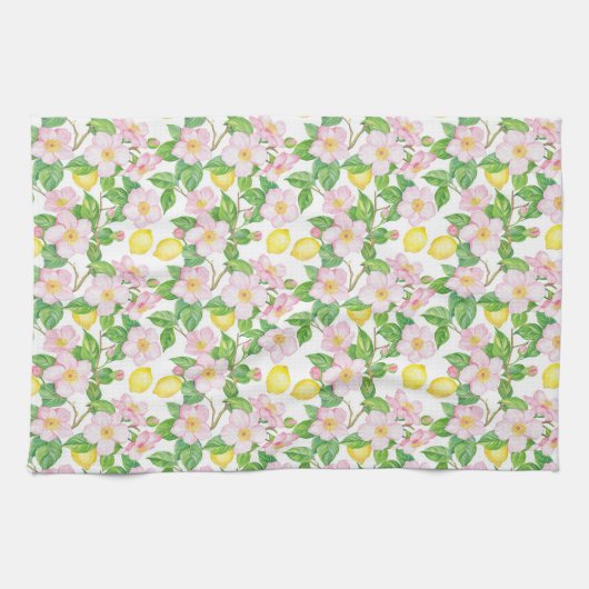 Pink Floral Lemons Muster Geschirrtuch (Horizontal)