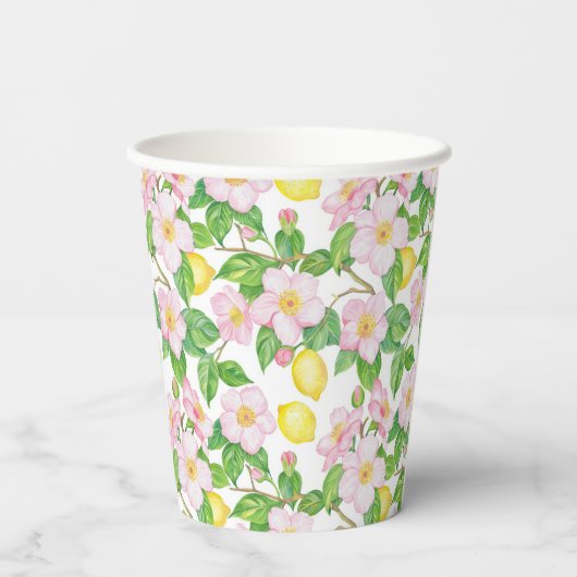 Pink Floral Lemons Muster Pappbecher (Rückseite)