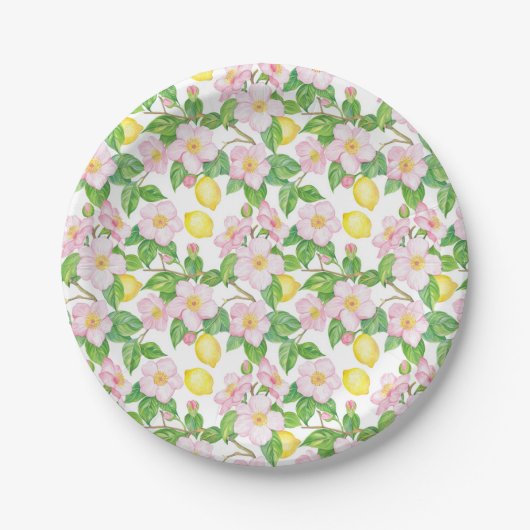 Pink Floral Lemons Muster Pappteller (Vorderseite)