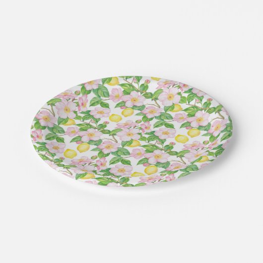 Pink Floral Lemons Muster Pappteller (Schrägansicht)