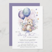 Pink Floral Lila Balloon Bear Girl Babydusche Einladung (Vorne/Hinten)