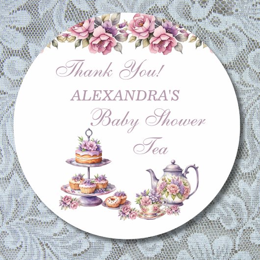 Pink Floral Lilac Tea Party Baby Dusche Gefallen Runder Aufkleber