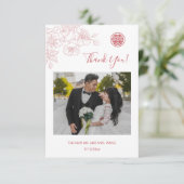 Pink Floral Line Art Foto Hochzeit Vielen Dank Dankeskarte (Stehend Vorderseite)