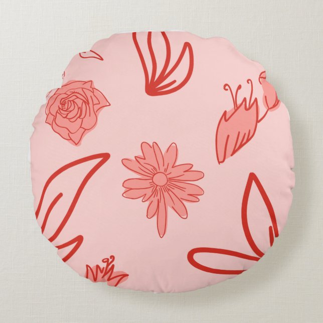Pink Floral Line Art Pattern Rundes Kissen (Vorderseite)