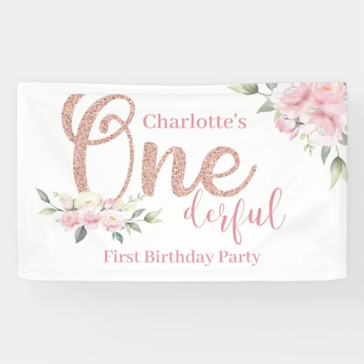 Pink Floral Little Miss Onederful Birthday Banner (Horizontal)