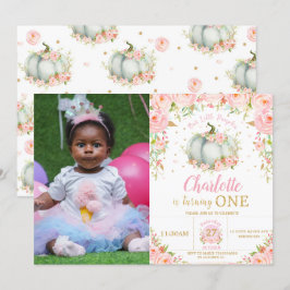 Pink Floral Little Pumpkin Girl 1. Geburtstag Foto Einladung