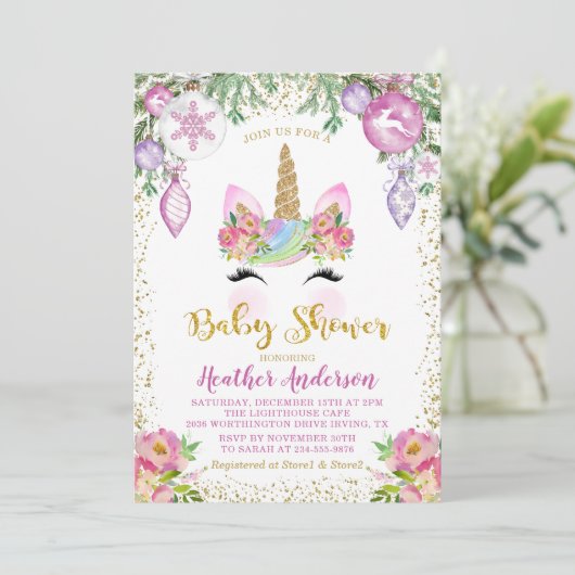 Pink Floral Magical Christmas Unicorn Kinderdusche Einladung (Stehend Vorderseite)