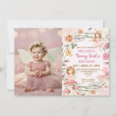 Pink Floral Magical Fairy First Birthday Photo  Einladung (Vorderseite)