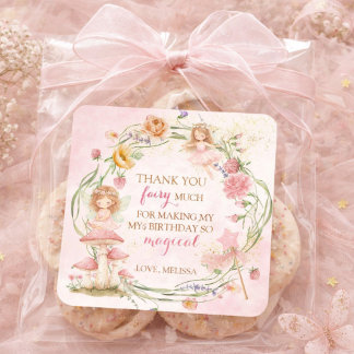Pink Floral Magical Fairy Garden Girl Birthday    Quadratischer Aufkleber