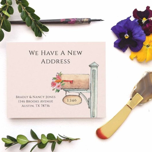 Pink Floral Mailbox Wir sind flach umgezogen Mitteilungskarte