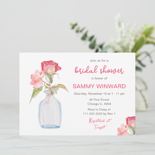 Pink Floral Mason Jar Brautparty Einladung (Stehend Vorderseite)