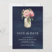 Pink Floral Mason Jar Foto Navy Blue Wedding Save The Date (Vorderseite)