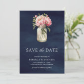 Pink Floral Mason Jar Foto Navy Blue Wedding Save The Date (Stehend Vorderseite)