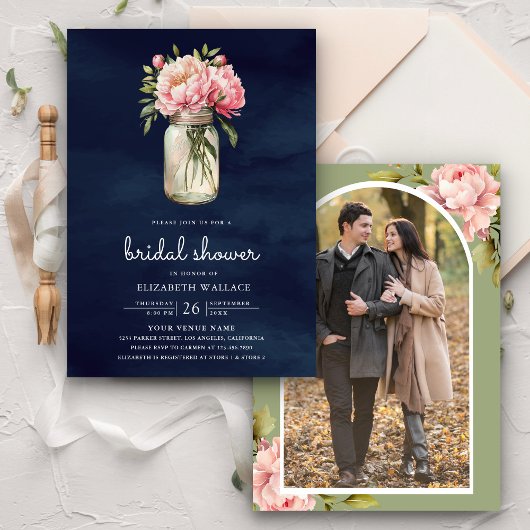 Pink Floral Mason Jar Foto Navy Brautparty Einladung