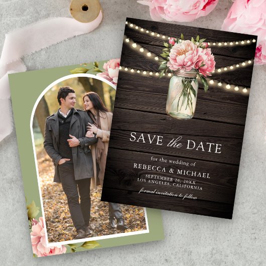 Pink Floral Mason Jar Foto Wood Wedding Save The Date