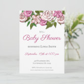 Pink Floral Moderne Illustriert Girl Baby Dusche Einladung (Stehend Vorderseite)