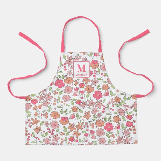 Pink Floral Monogram Apron Schürze (Vorderseite)