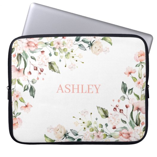 Pink Floral Monogram Watercolor Personalized Name Laptopschutzhülle (Vorderseite)