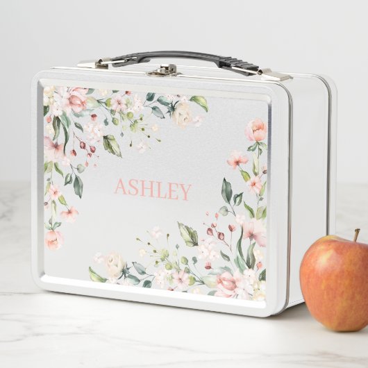 Pink Floral Monogram Watercolor Personalized Name Metall Brotdose (Beispiel)