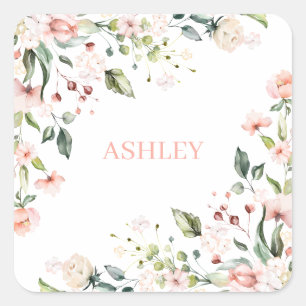Pink Floral Monogram Watercolor Personalized Name Quadratischer Aufkleber