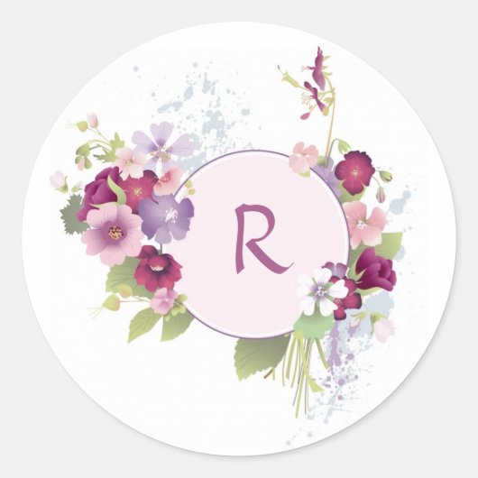 Pink Floral Monogramm Aufkleber (Vorderseite)