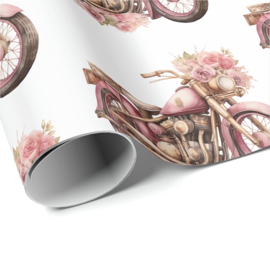 Pink Floral Motorcycle Birthday Geschenkpapier (Rolleneckpunkt)