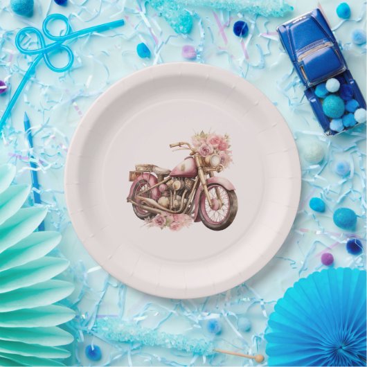 Pink Floral Motorcycle Birthday Pappteller (Party)