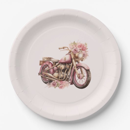 Pink Floral Motorcycle Birthday Pappteller (Vorderseite)