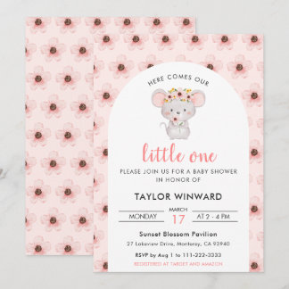 Pink Floral Mouse Baby Shower Einladung