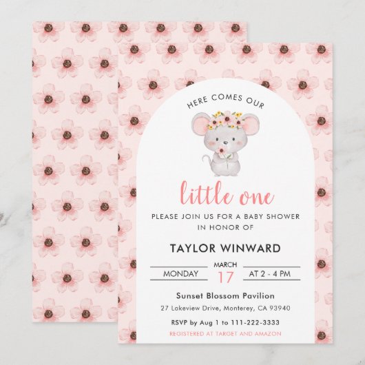 Pink Floral Mouse Baby Shower Einladung (Vorne/Hinten)