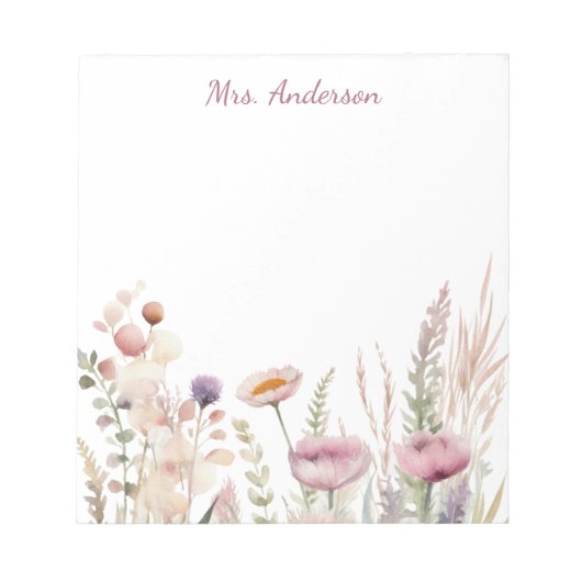 Pink Floral Name Teacher Notizblock (Vorderseite)