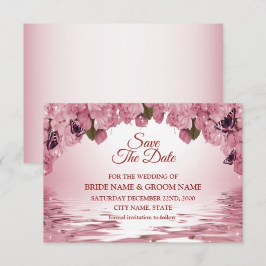 Pink Floral Nature Butterfly Outdoor Wedding Save The Date (Vorne/Hinten)