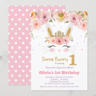 Pink Floral Niedlich Bunny Rabbit 1. Geburtstag Einladung