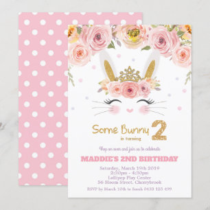 Pink Floral Niedlich Bunny Rabbit 2. Geburtstag Einladung