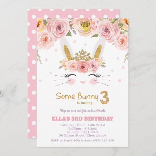Pink Floral Niedlich Bunny Rabbit 3. Geburtstag Einladung (Vorne/Hinten)