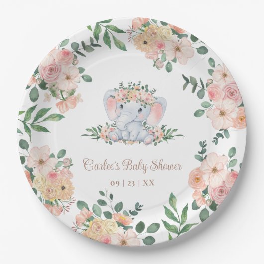 Pink Floral Niedlich Elephant Baby Girl Babydusche Pappteller (Vorderseite)