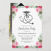 Pink Floral Nursing School Foto Abschluss Einladung (Vorne/Hinten)