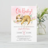 Pink Floral Oh Baby Girl Niedlich Sloth Babydusche Einladung (Stehend Vorderseite)