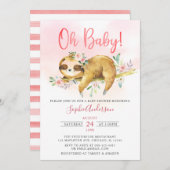 Pink Floral Oh Baby Girl Niedlich Sloth Babydusche Einladung (Vorne/Hinten)