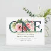 Pink Floral ONE | 1. Party Einladung zum Geburtsta (Stehend Vorderseite)