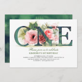 Pink Floral ONE | 1. Party Einladung zum Geburtsta (Vorne/Hinten)